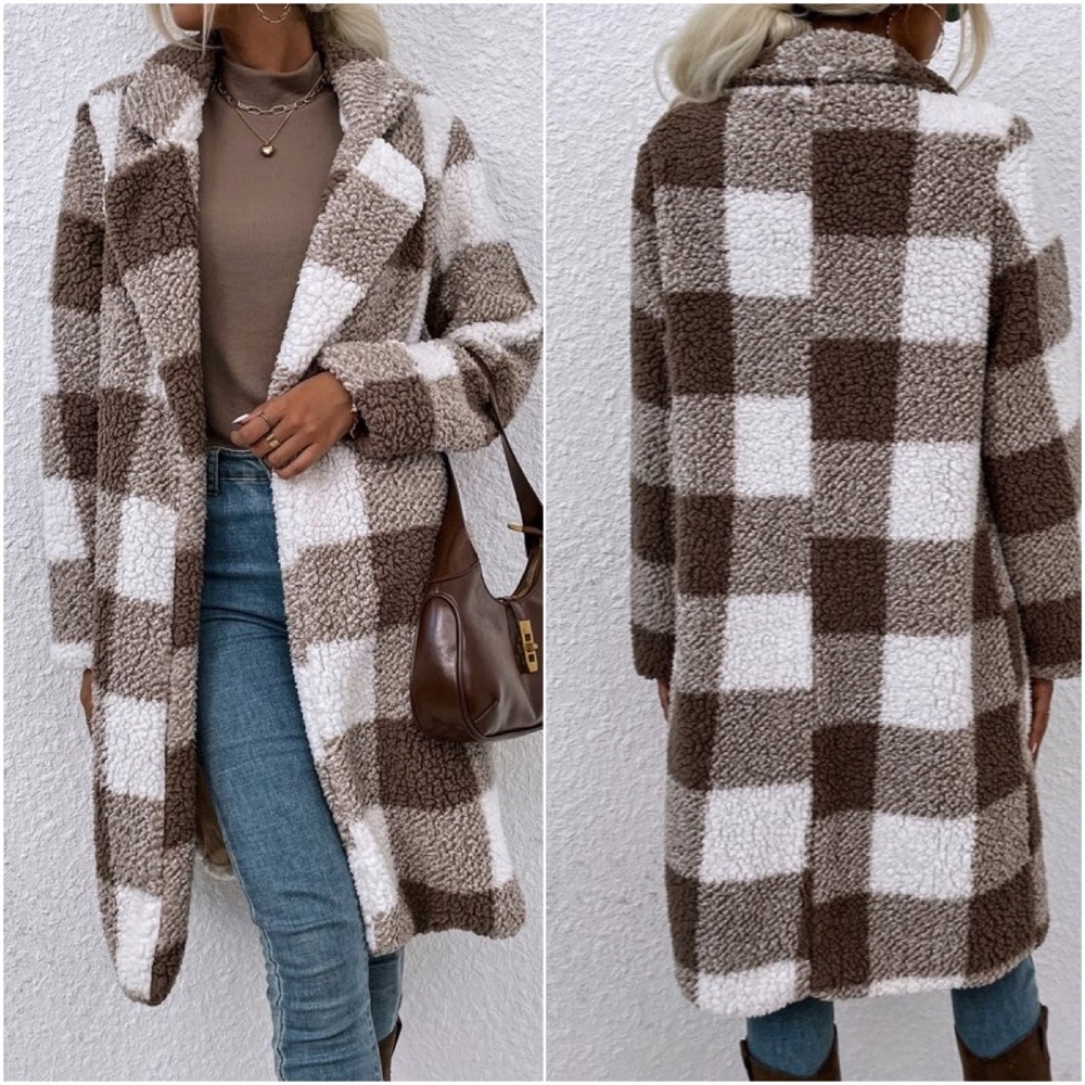 Cozy Plaid Open Front Teddy Oversized Jacket - Picture 2 of 3